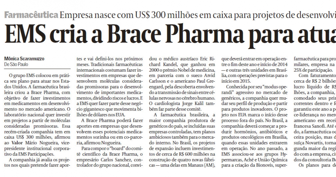 Grupo NC - O lançamento da Brace Pharma foi destaque no Valor Econômico