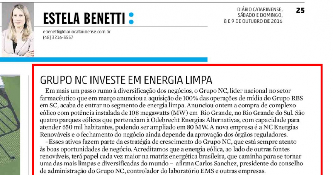 Grupo NC - Diário Catarinense (SC) destaca a entrada do Grupo NC no setor de energia eólica.
